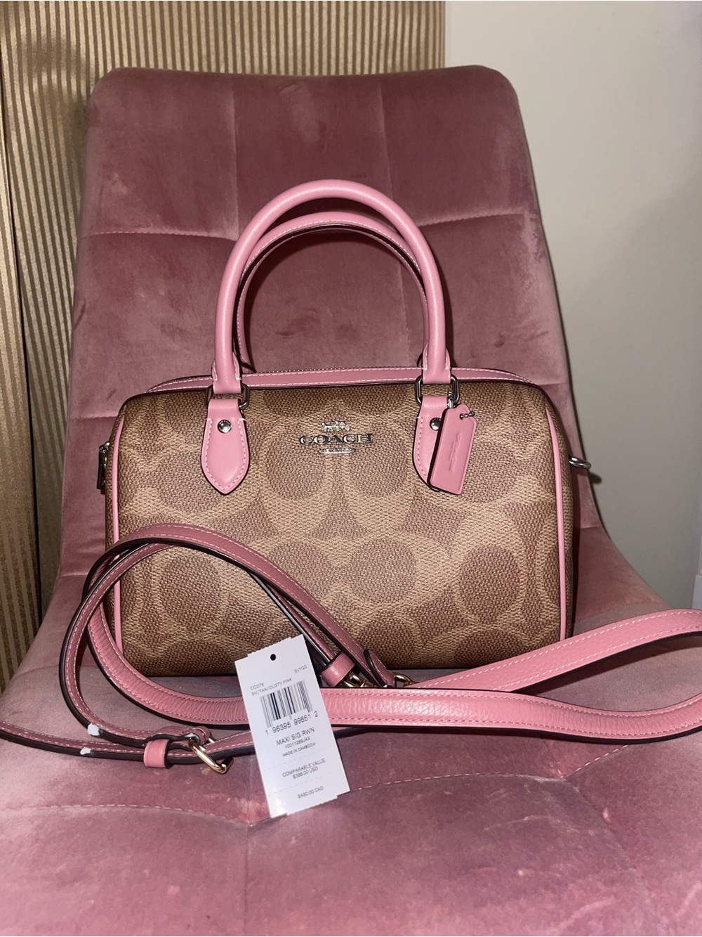Coach Brown Signature Canvas Satchel with Pink Trim